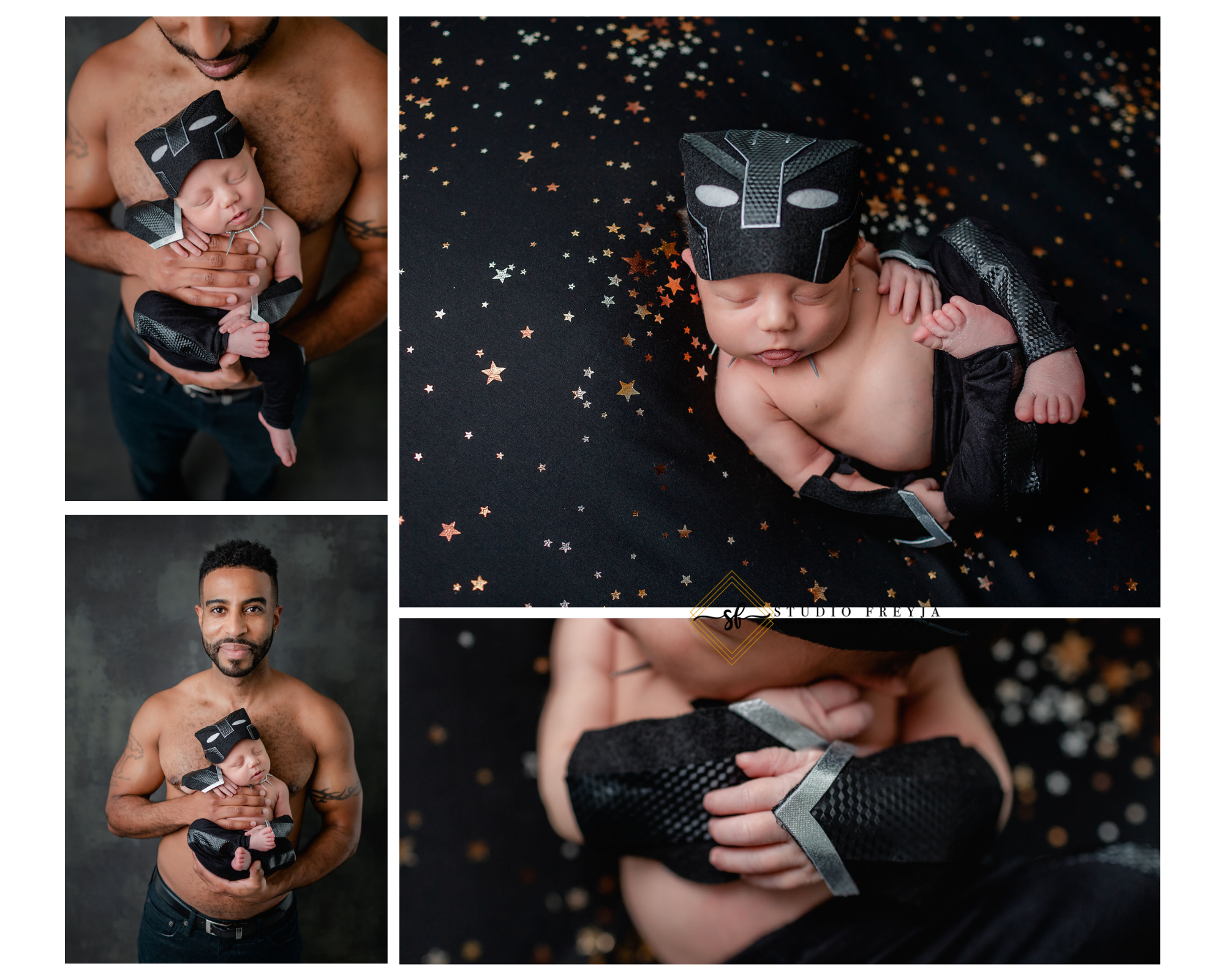 Black Panther Inspired Newborn Studio Pictures in San Diego of baby wearing a Black Panther Outfit for his Newborn Photos