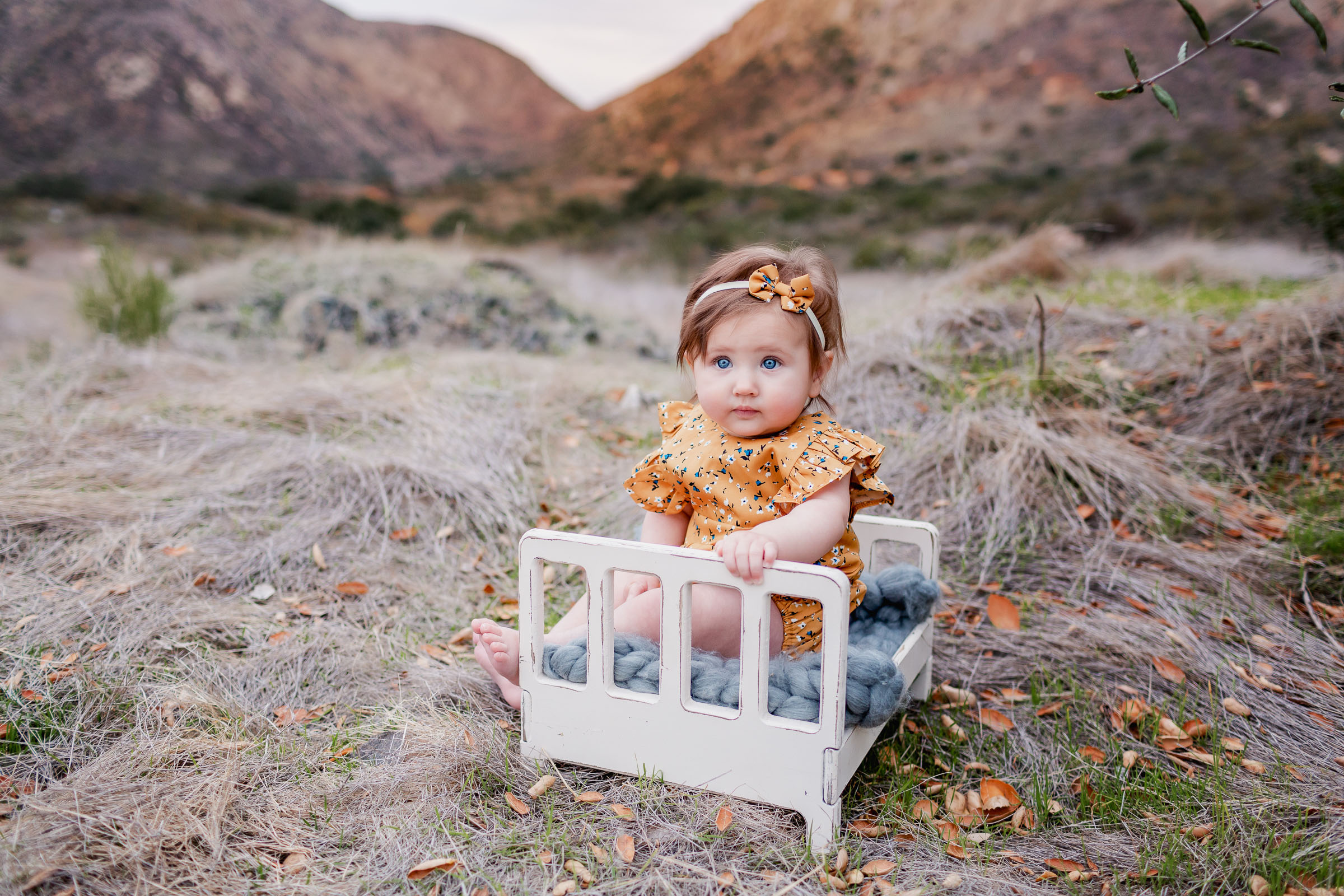 Outdoor 6 month milestone photo of girl in a yellow outfit with blue flowers on it with Mission Trails in the background