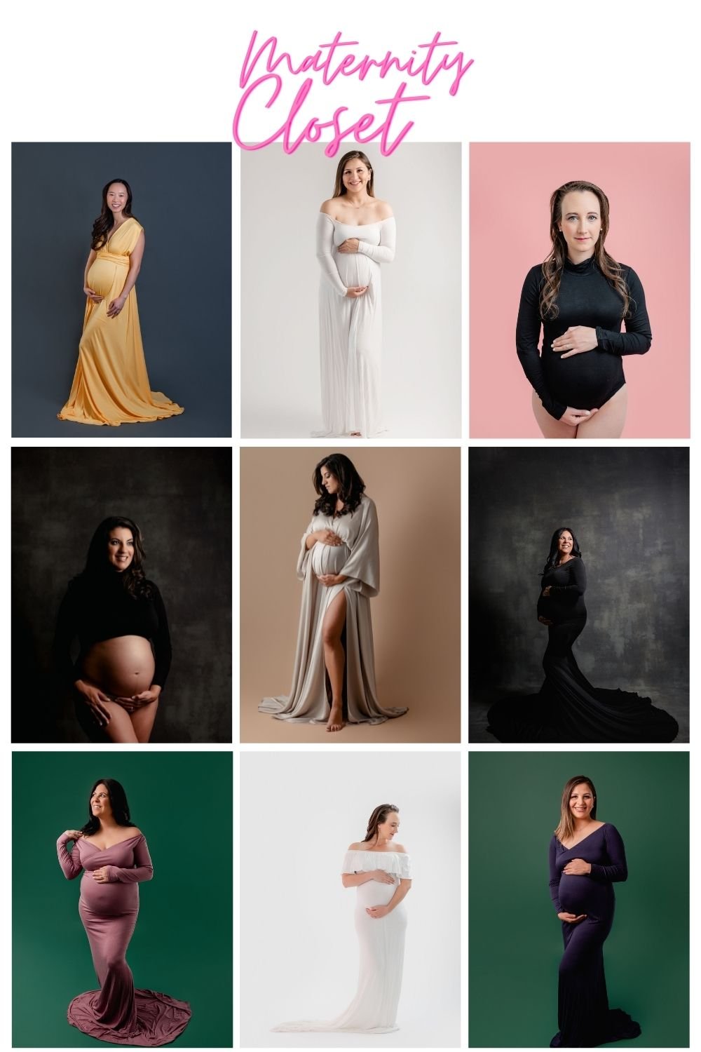 Collage image of different maternity outfits provided by San Diego Maternity Photographer Studio Freyja. 9 images in total.