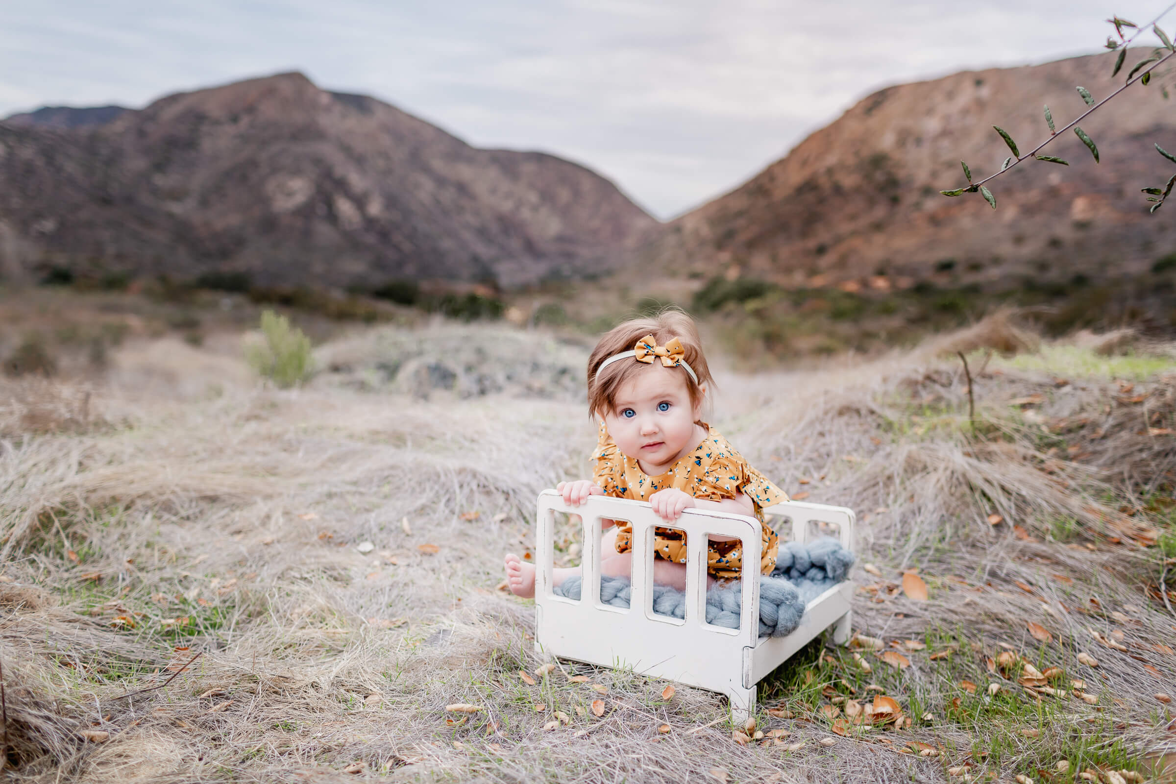 Outdoor 6 month milestone pictures with baby girl sitting in a field at Mission Trails Regional Park on a white bed wearing a yellow and blue flower outfit photographer by local San Diego Photographer Studio Freyja
