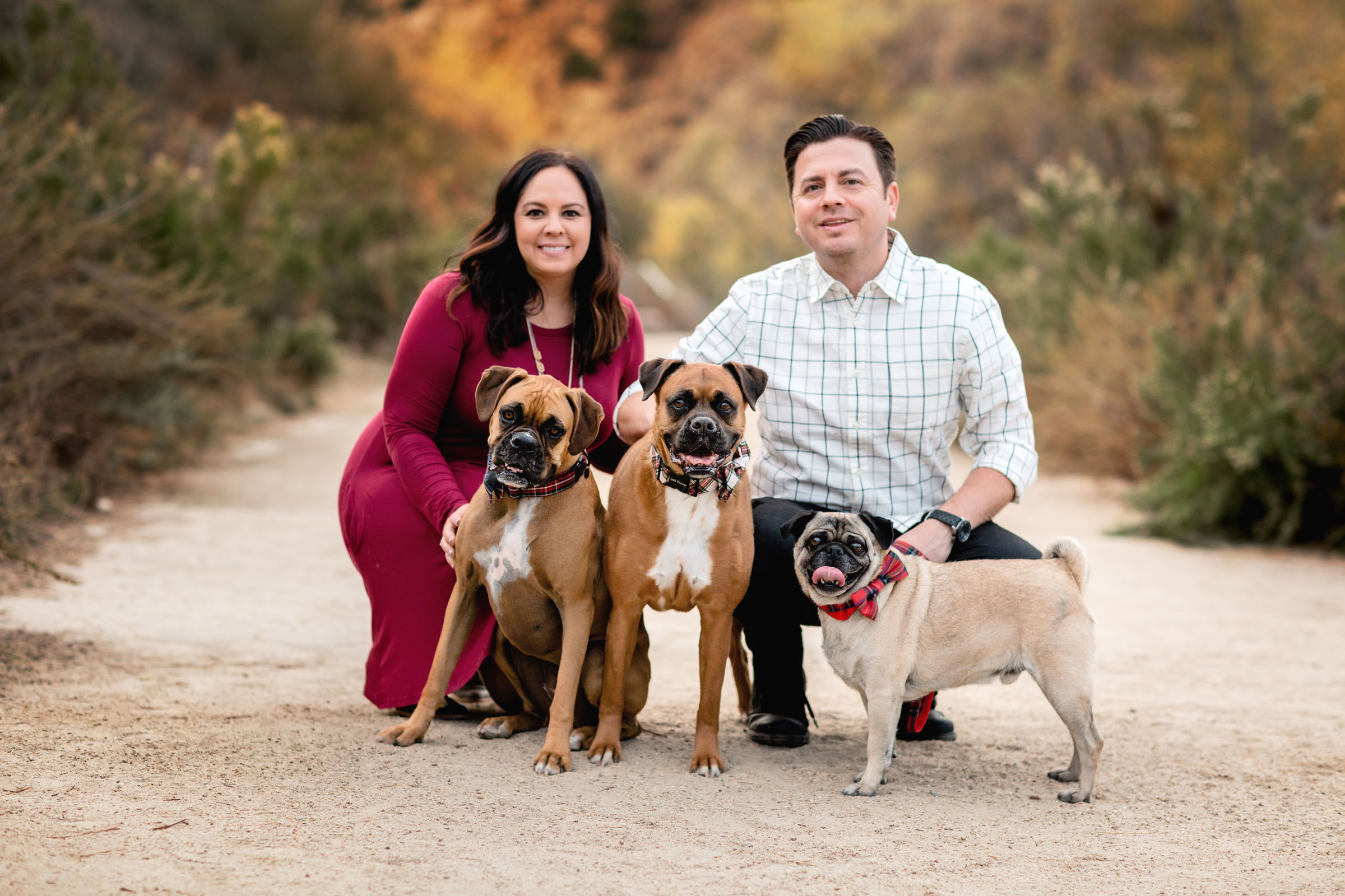 Couple posing with their three dogs during fall family pictures in Mission Trails
