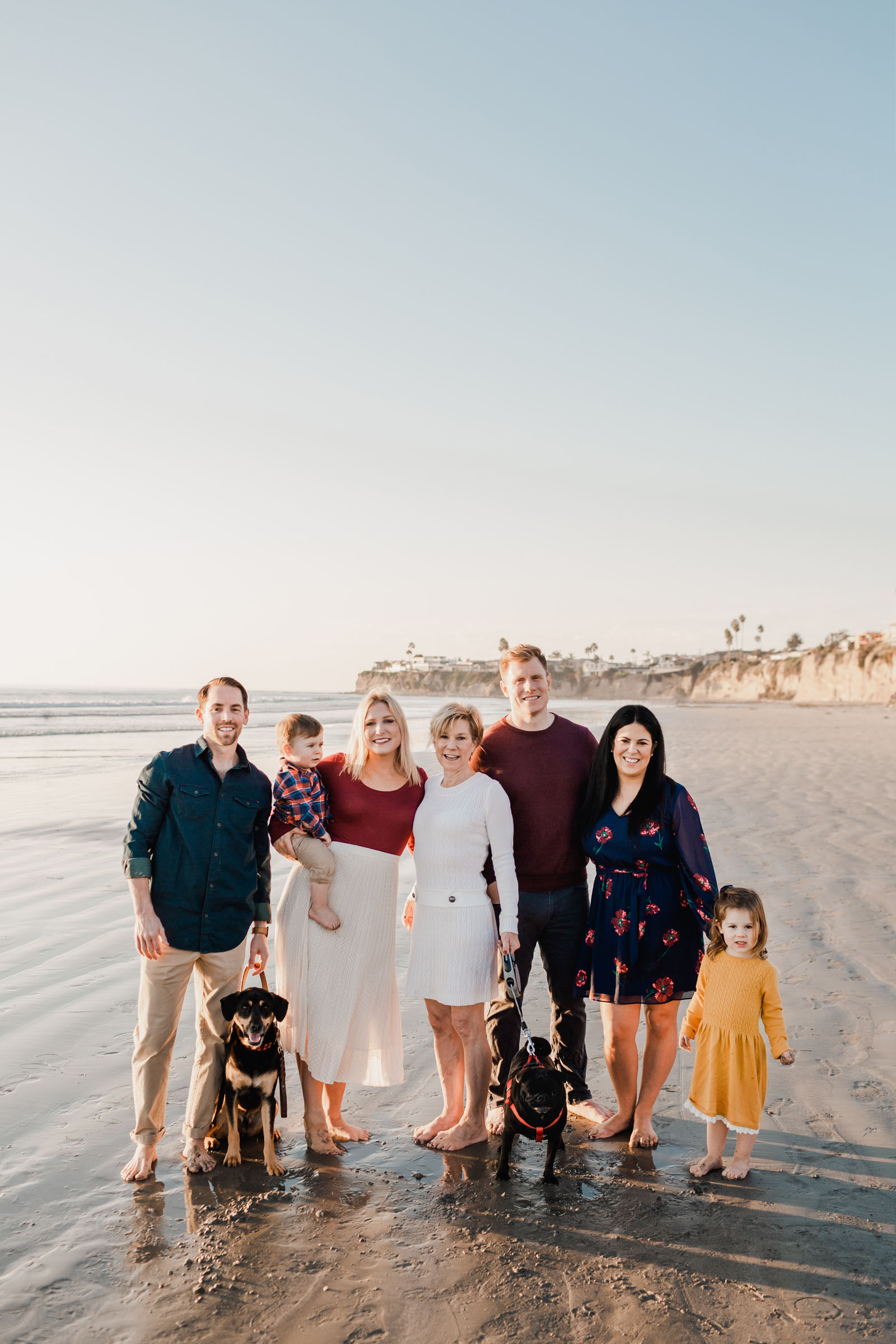 Extended family pictures on the beach in Pacific Beach with 5 adults, 2 kids and 2 dogs