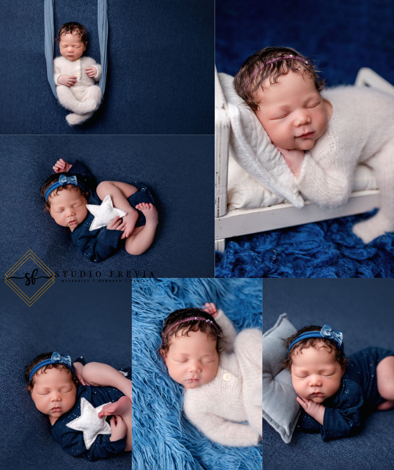 Baby girls on blue during colorful studio newborn pictures in San Diego