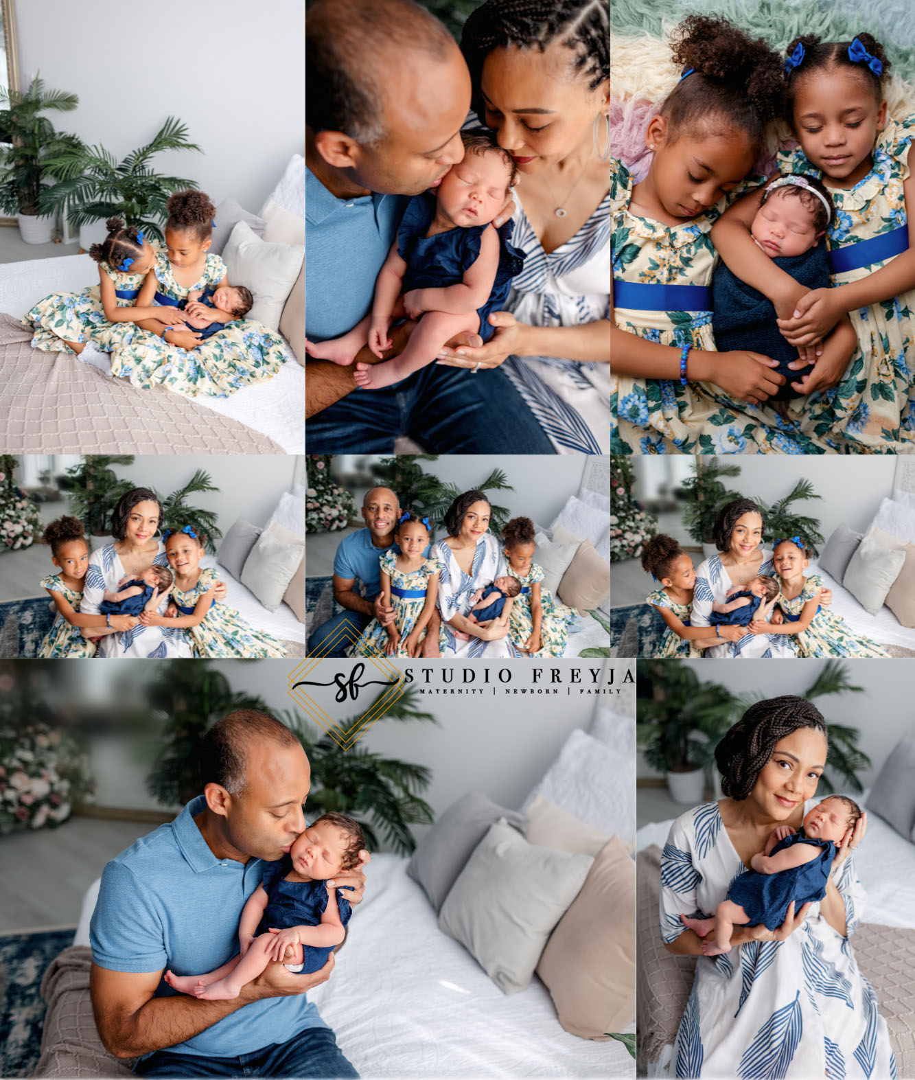 Picture Collage of family photos during colorful studio newborn pictures in San Diego by San Diego Newborn Photographer