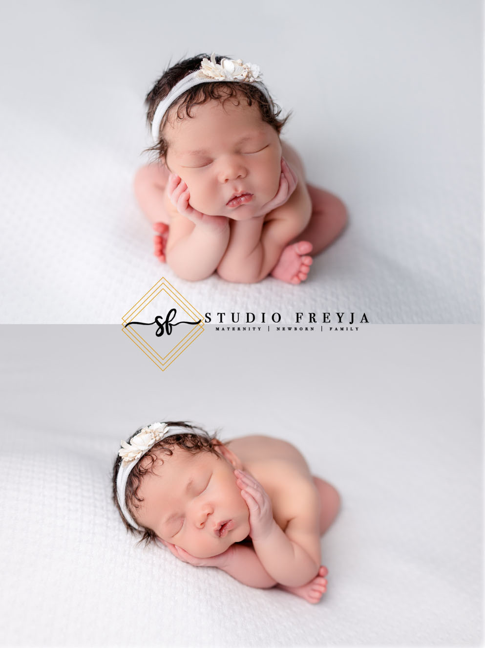 Froggy on a white backdrop photo collage during colorful studio newborn pictures in San Diego