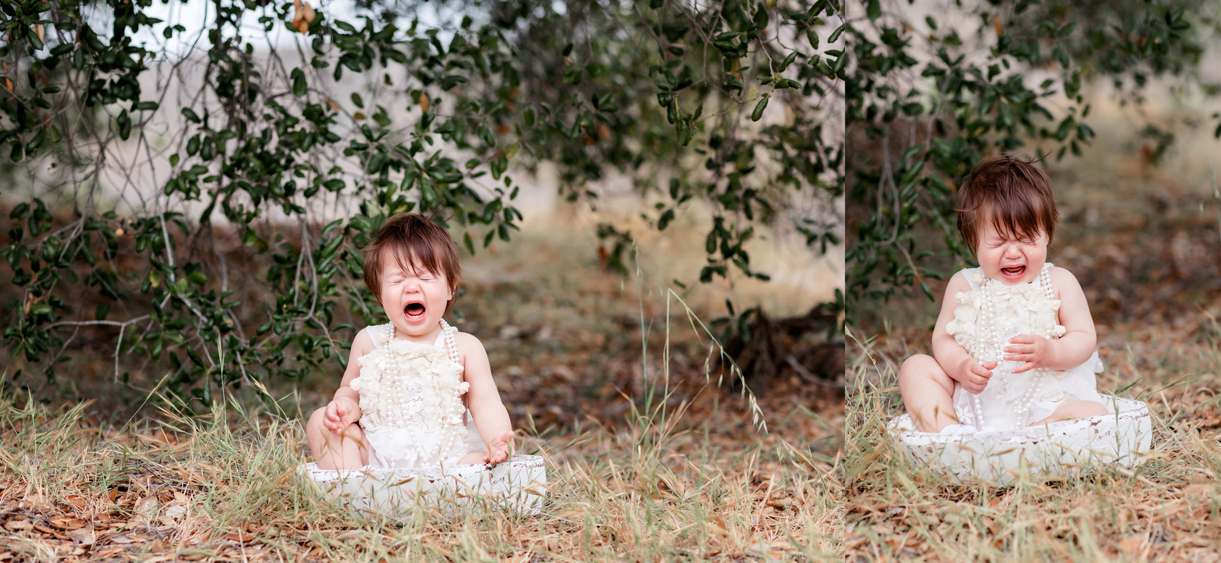 Pictures of baby crying during Mission Trails Outdoor Cake Smash Pictures by San Diego Kids Photographer