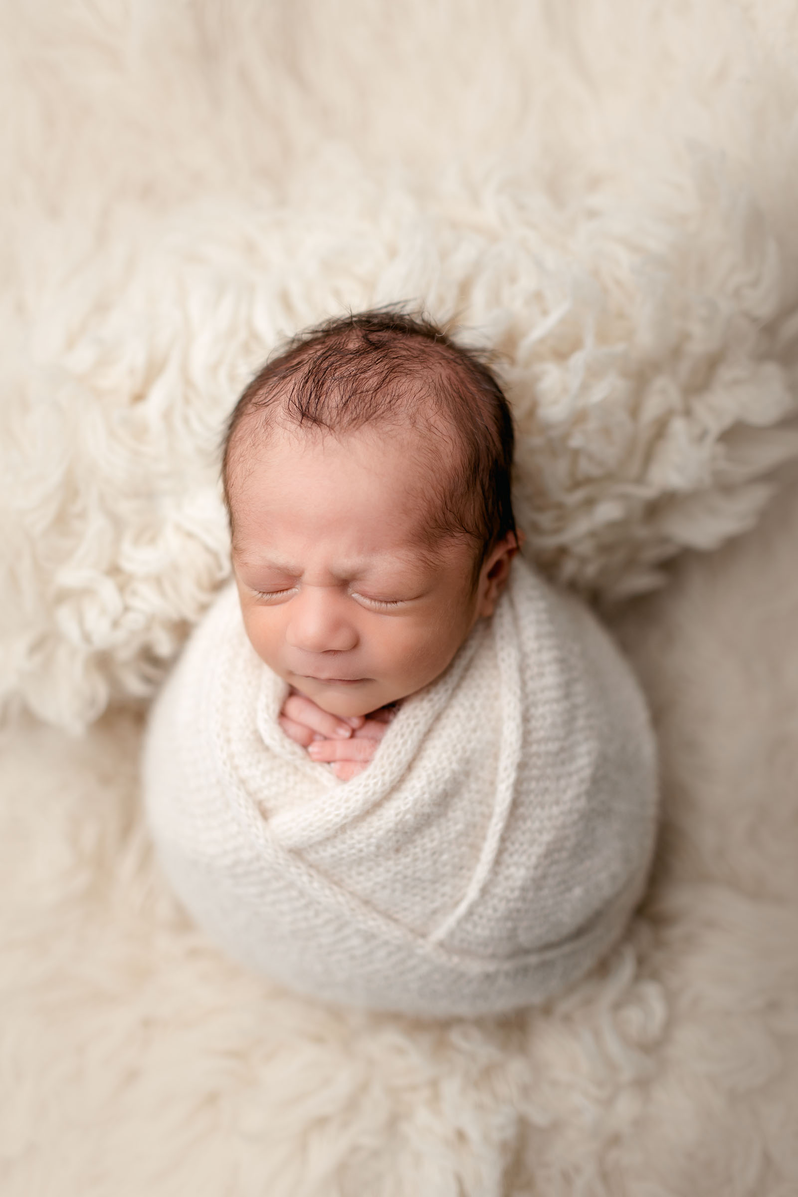 Studio Newborn Portrait by San Diego Newborn Photographer featuring a sleeping baby wrapped up on a fur rug