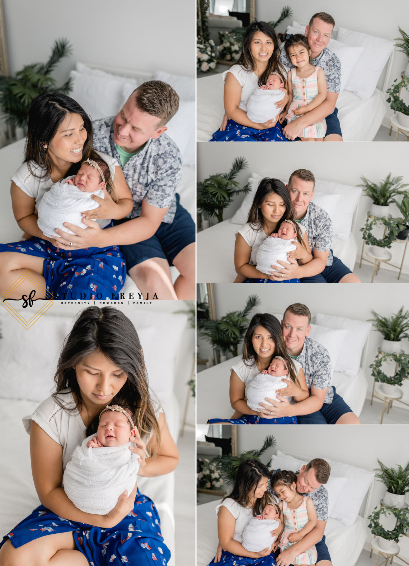Photo Collage of Family Poses during San Diego Studio Newborn Photos by San Diego Newborn Photographer