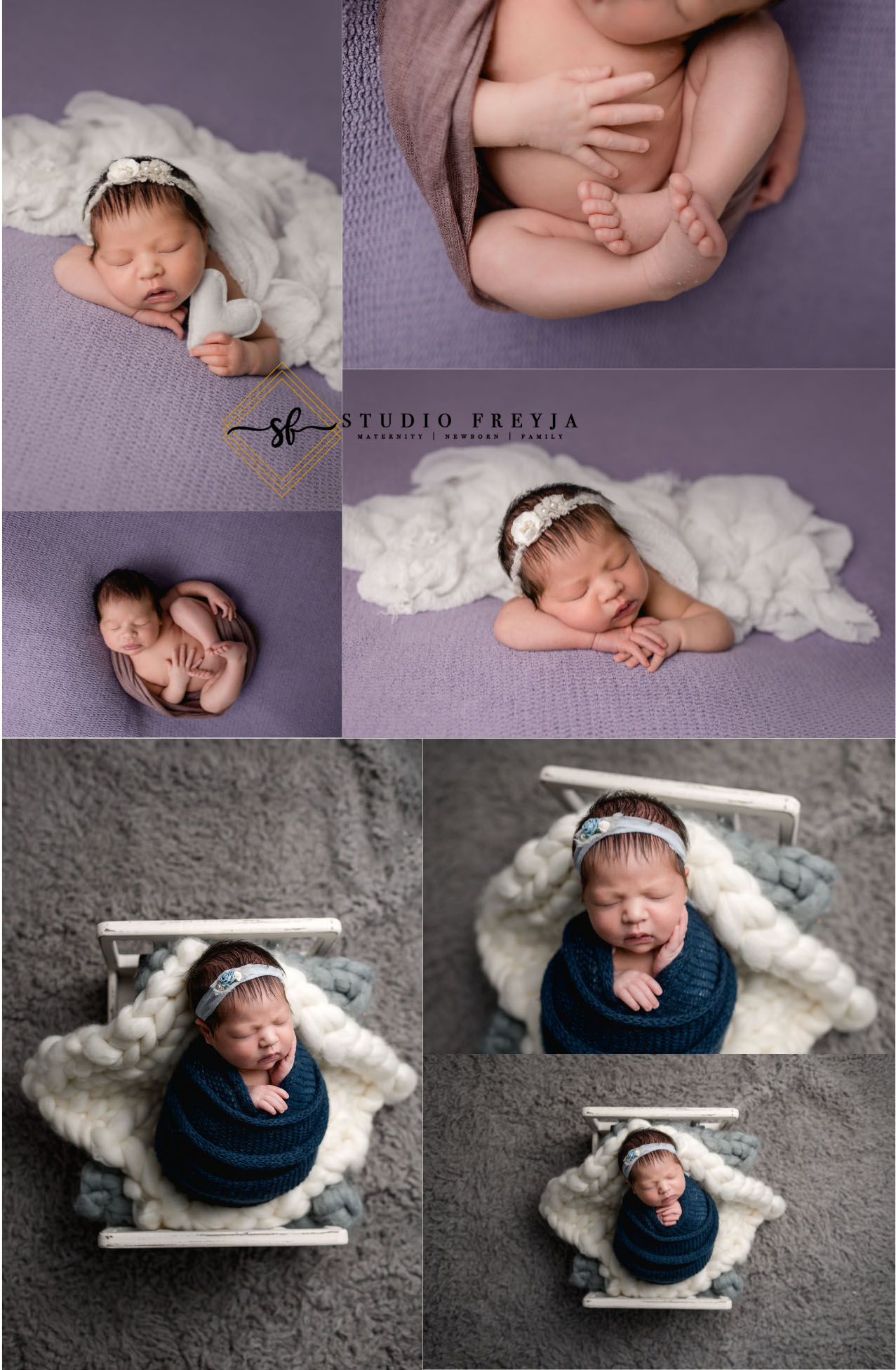 Photo Collage of baby on Purple and one Gray during San Diego Newborn Studio Photos