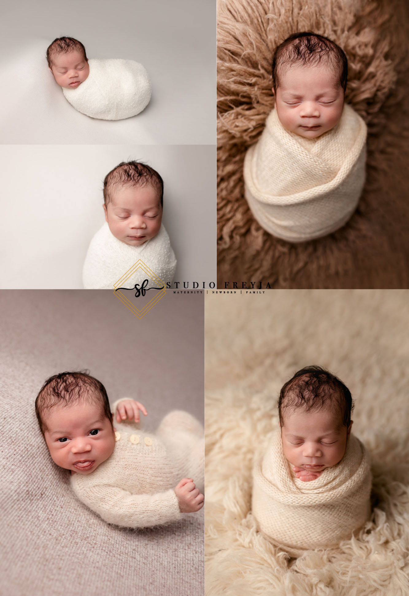 Neutral colored wrapped newborn photos in san diego newborn photography studio