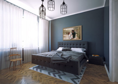 bedroom interior design in dark style with large wall art hanging above bed picturing family in a large golden frame