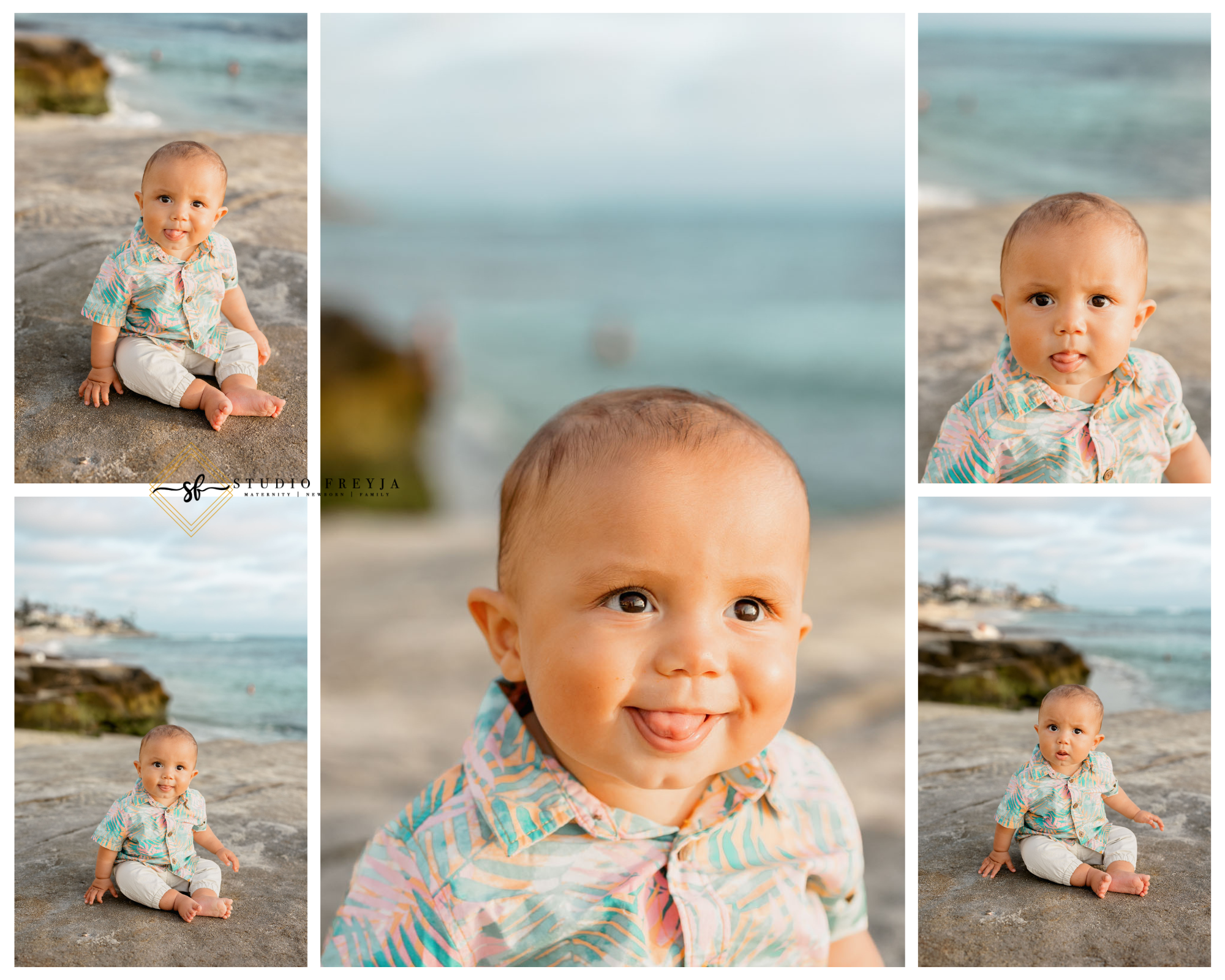 Smiling little boy sitting on the cliffs during Whispering Sands Milestone Family Pictures by La Jolla Family Photographer