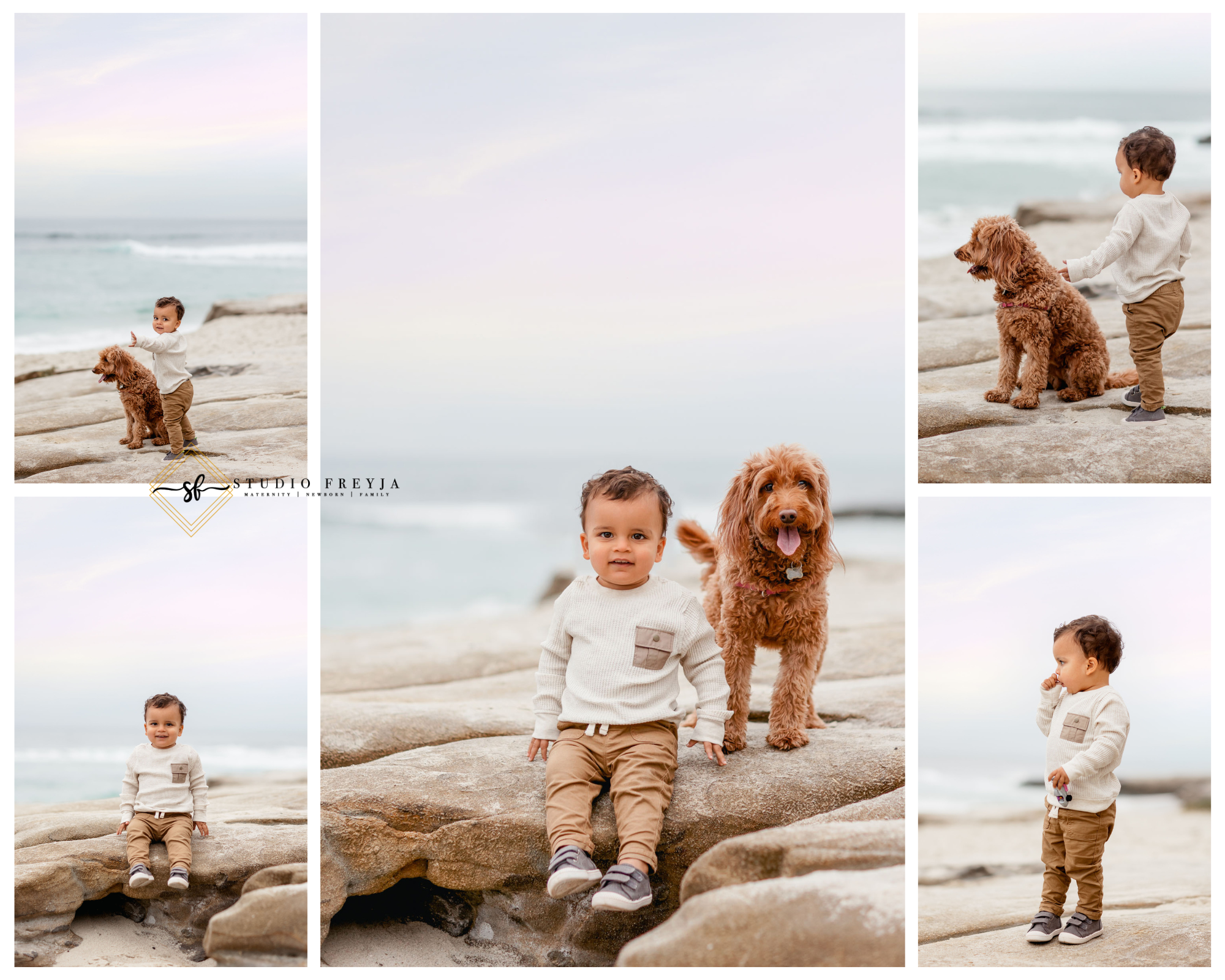 A boy and his dog on the beach during Whispering Sands Sunset Family Pictures