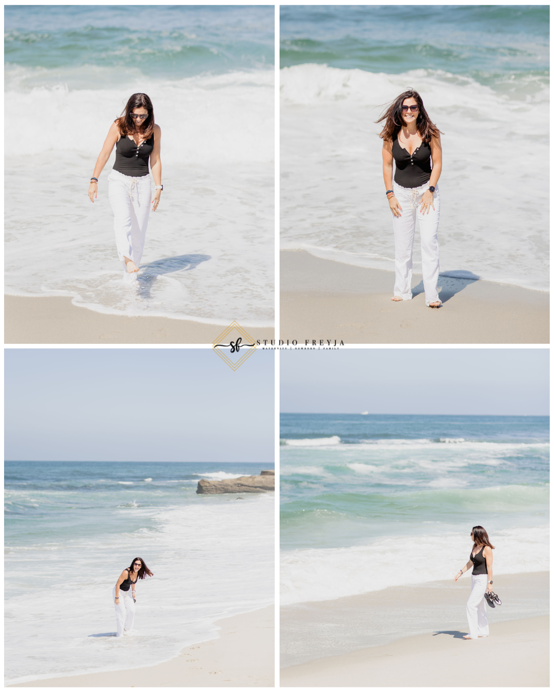 Windansea Beach Brand Pictures of woman playing in the water wearing white pants and black shirt
