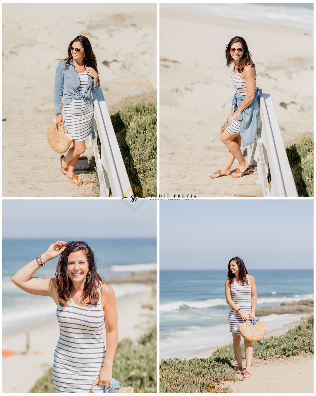 Windansea Beach Brand Pictures of woman wearing a striped shirt and a jean shirt posing by the water
