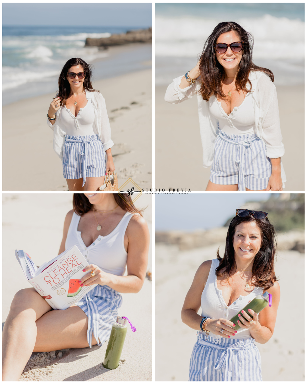 Windansea Beach Brand Pictures of woman wearing shorts and a shirt, reading a book no the beach