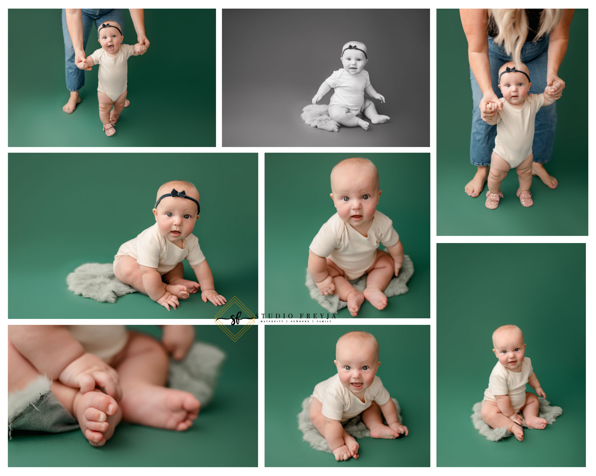 Colorful 6 Month Sitter Session Pictures of baby girl in white onesie on green backdrop
