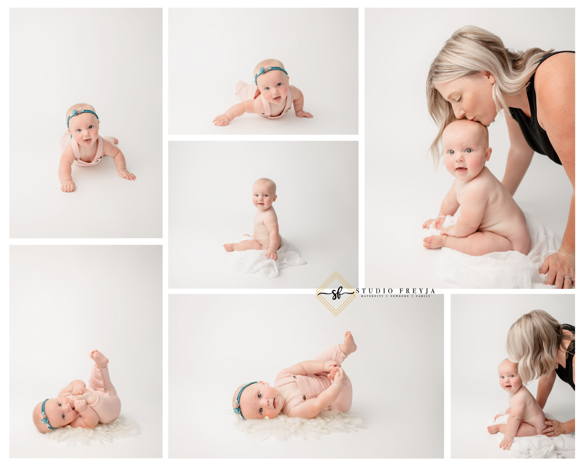 Baby girl milestone pictures on white backdrop with pink outfit by San Diego Baby Photographer