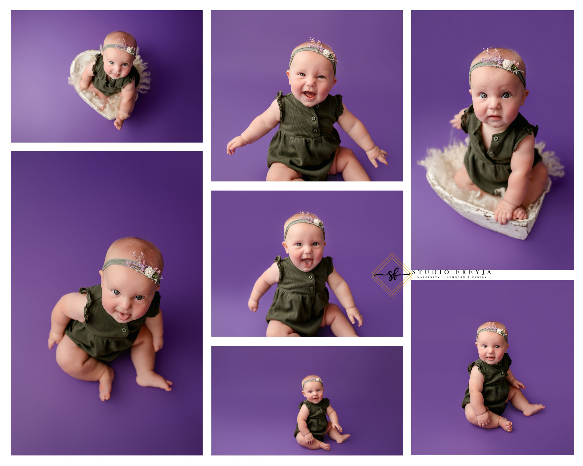 6 month baby girl on purple backdrop with green outfit during her colorful 6 month sitter session pictures