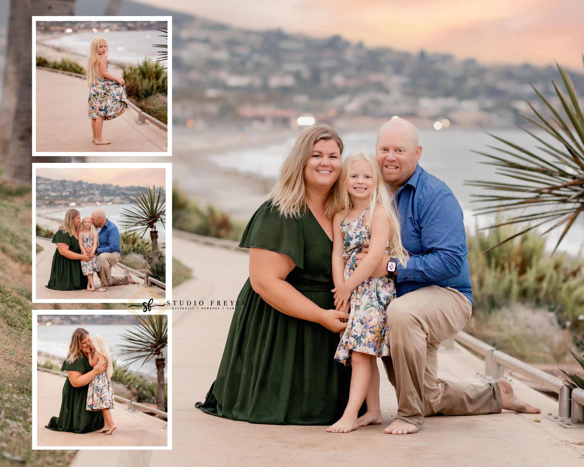 Family of three with mom, dad, and daughter posing for Sunset Family Pictures at La Jolla Shores Scripps Pier.