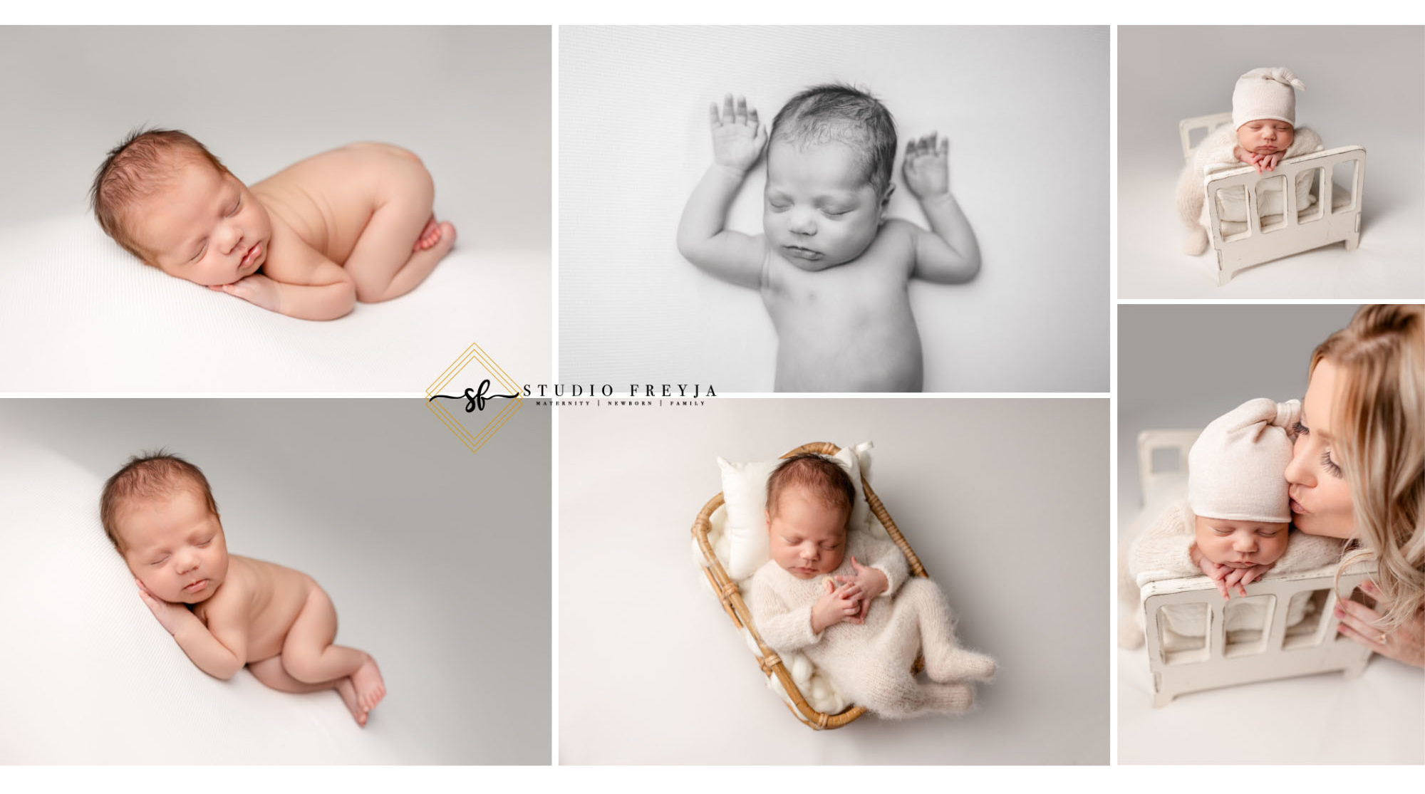 Simple newborn photos in San Diego of baby on white backdrops.