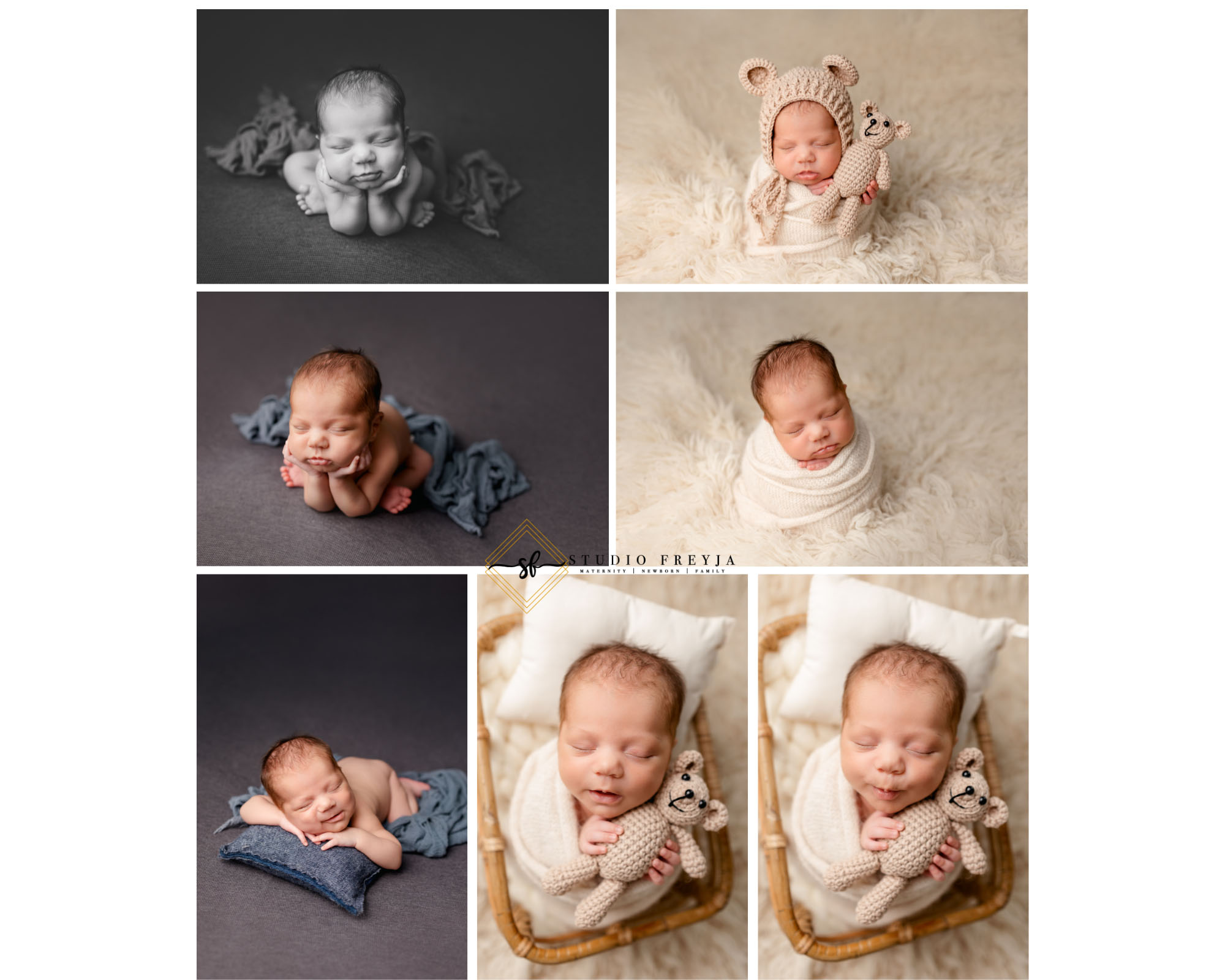 A variety of newborn poses during Gorgeous Studio Newborn Photos in San Diego