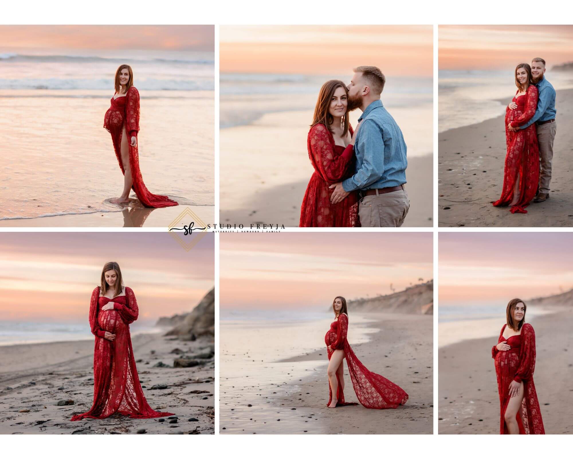 Stepping out of your comfort zone during your Torrey Pines Maternity Pictures with a red lace dress up against the golden sunset.