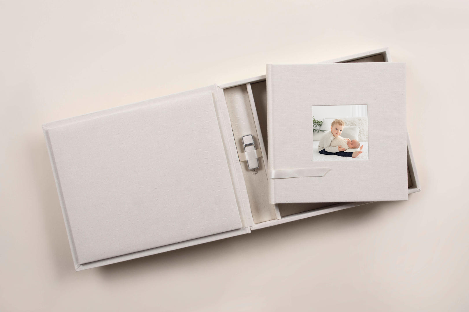 Linen Album with newborn image on front designed by san diego newborn photographer