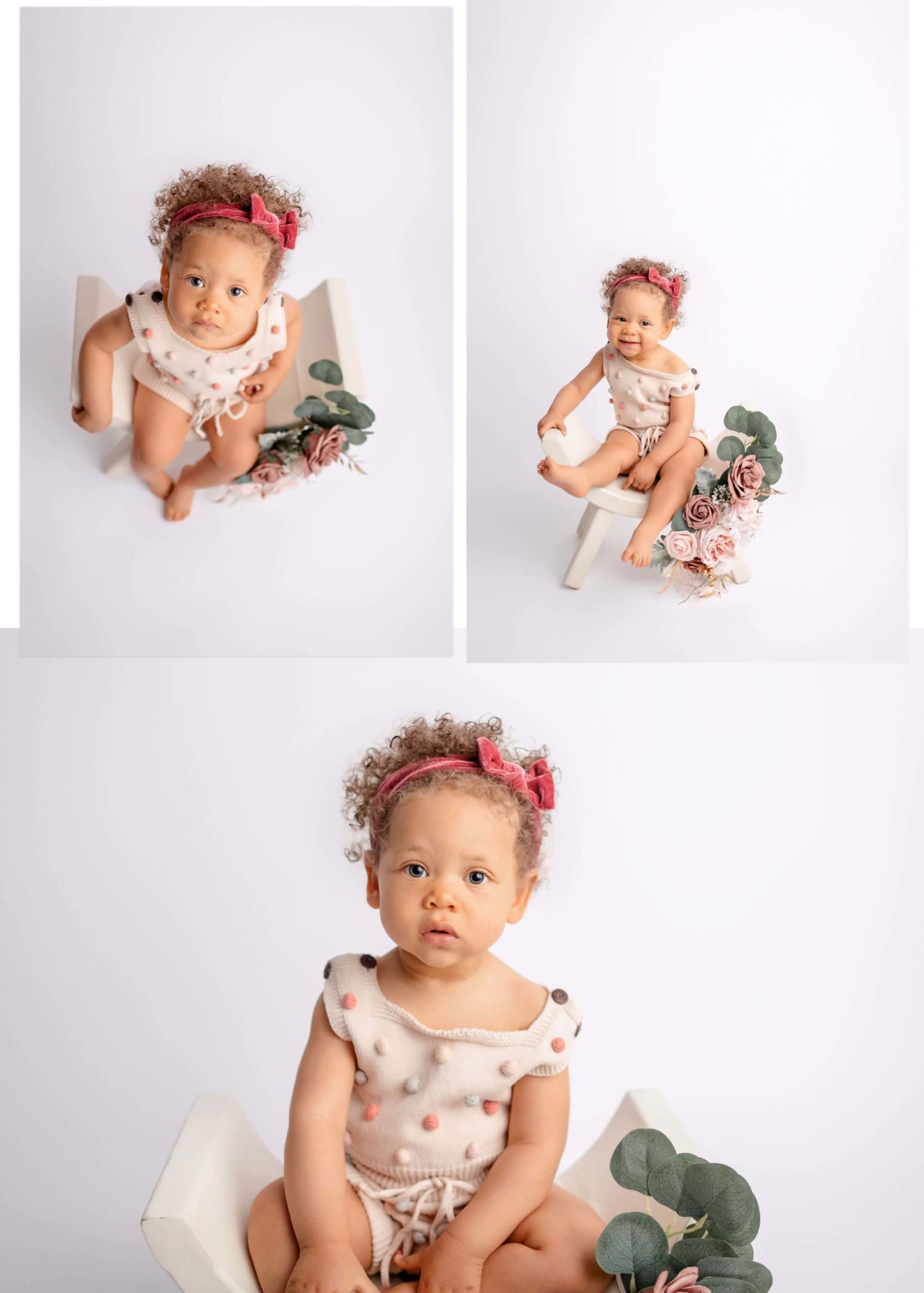 Image collage with three images of baby girl dressed in a boho romper sitting on a chair on a white backdrop with florals incorporated for these La Mesa Studio Cake Smash Pictures