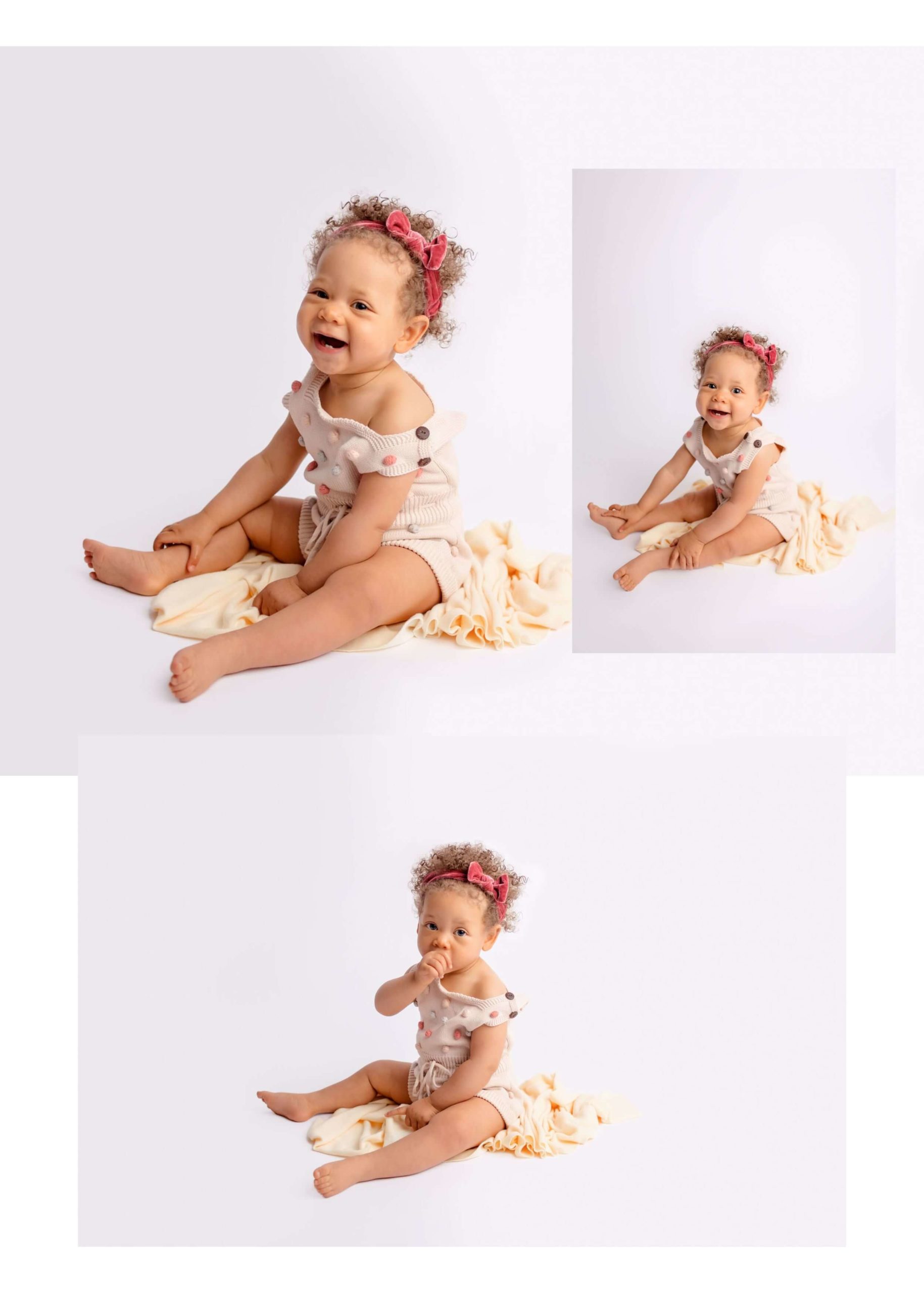 Top two images feature a little girl with curly hair and a big bow sitting on the ground smiling at the camera. The bottom picture is of the same girl but with her thumb in her mouth and looking serious during her La Mesa Studio Cake Smash Pictures