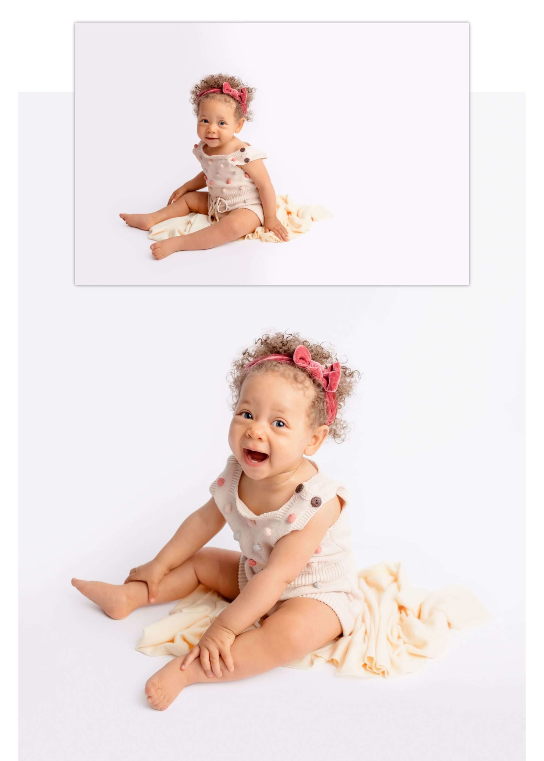 Happy and smiling girl sitting on the ground on a white backdrop wearing a boho chic romper for her La Mesa Studio Cake Smash Pictures
