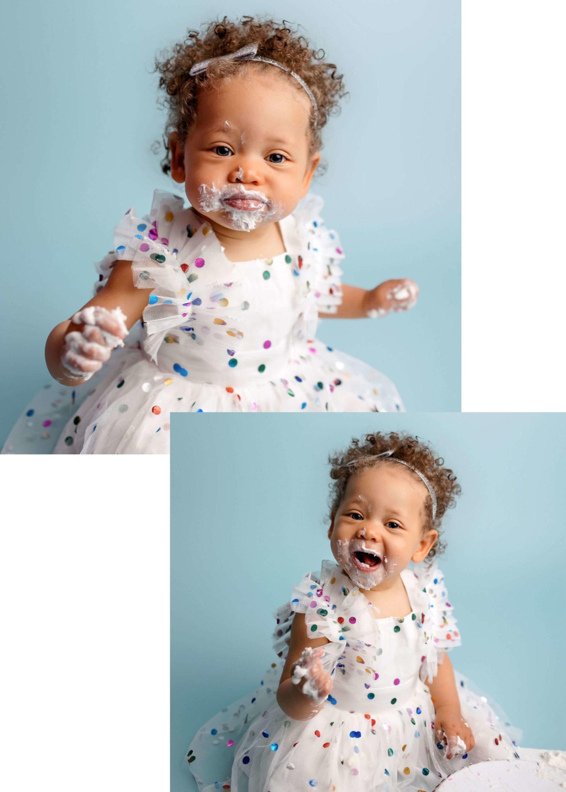 Happy baby girl wearing a white dress with dots of colors on it while enjoying her cake for her La Mesa Studio Cake Smash Pictures. She's got cake and frosting all over her face and hands and laughing big.