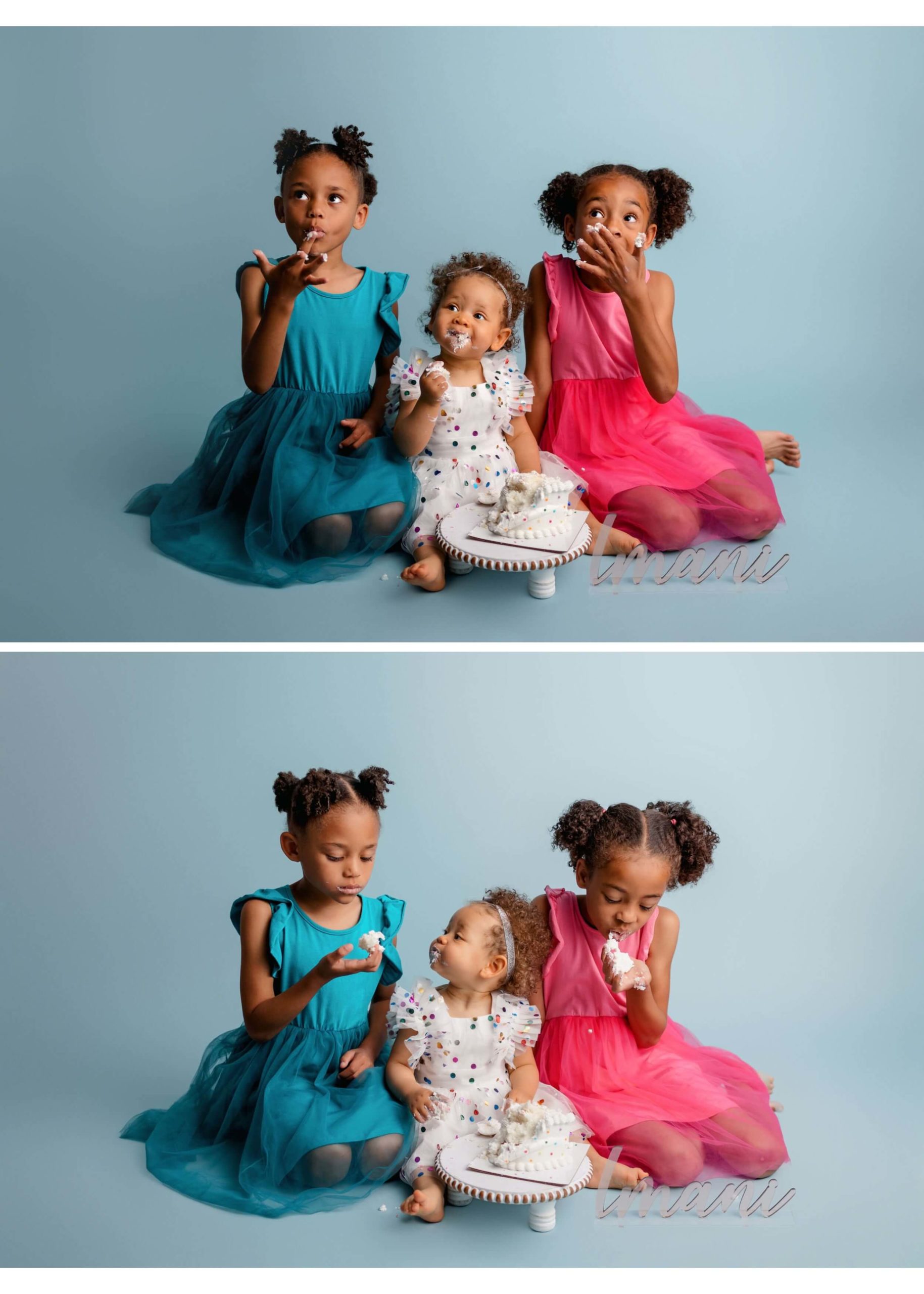 The two older sisters joined in for these La Mesa Studio Cake Smash Pictures and all three sisters are sitting against a blue backdrop eating cake