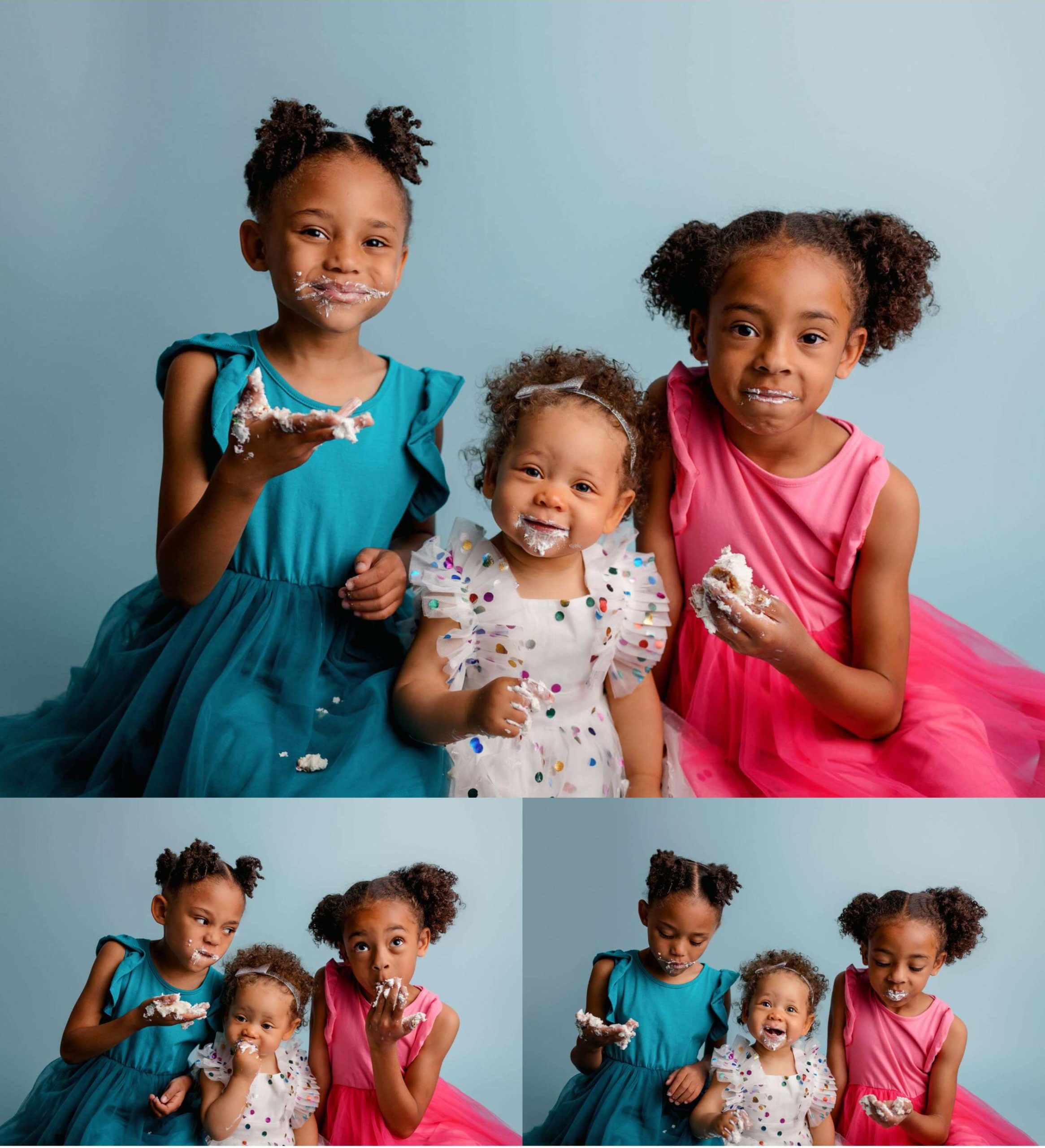 Close up images of three sisters wearing colorful outfits while eating cake during these La Mesa Studio Cake Smash Pictures. Their hands and faces are filled with cake and frosting and they're having fun and laughing