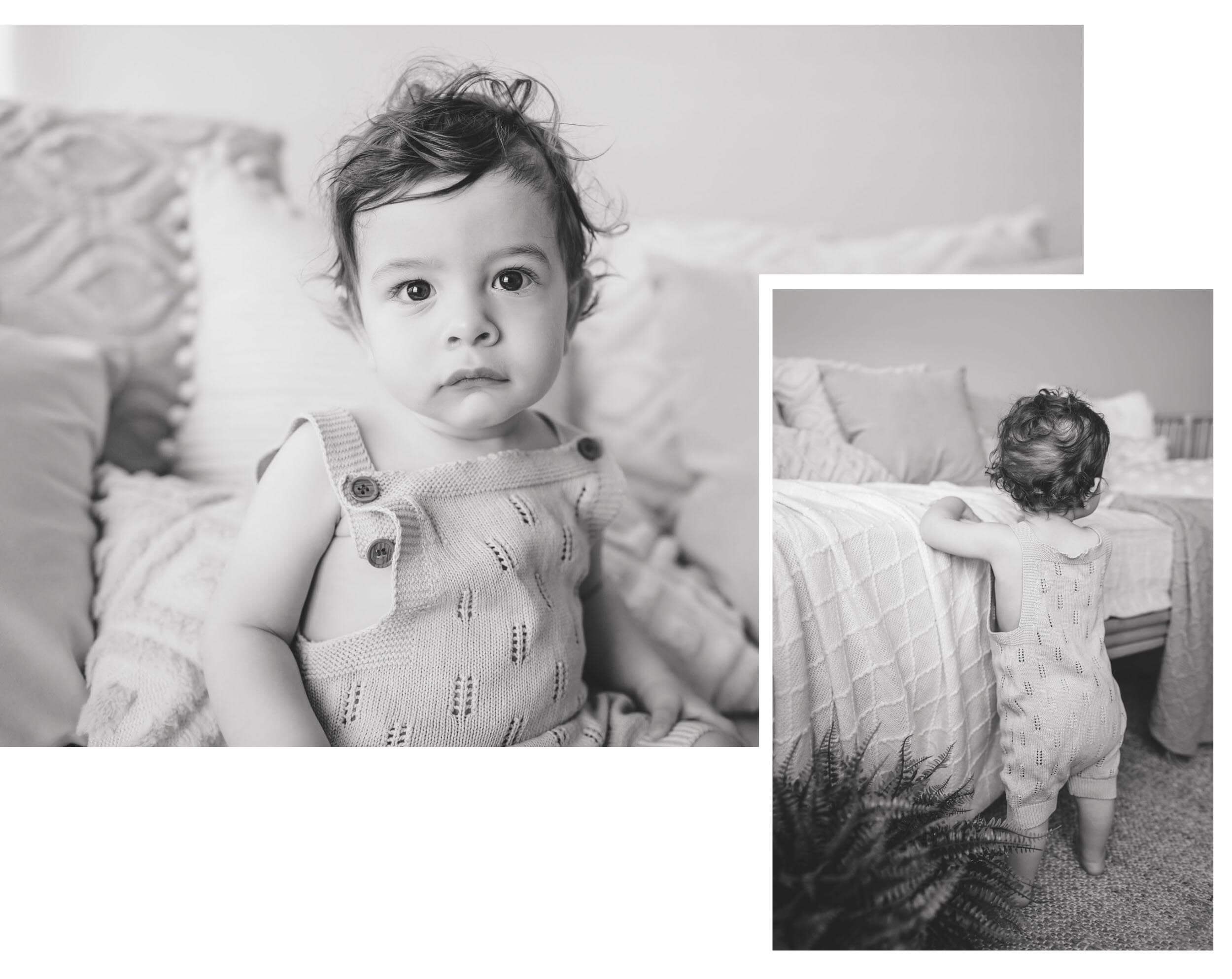 Two black and white images of baby boy during his San Diego Photography Studio One Year Portraits. The left one is a close up of his face and the right image is a image of him standing with his back to his camera holding on to the bed.