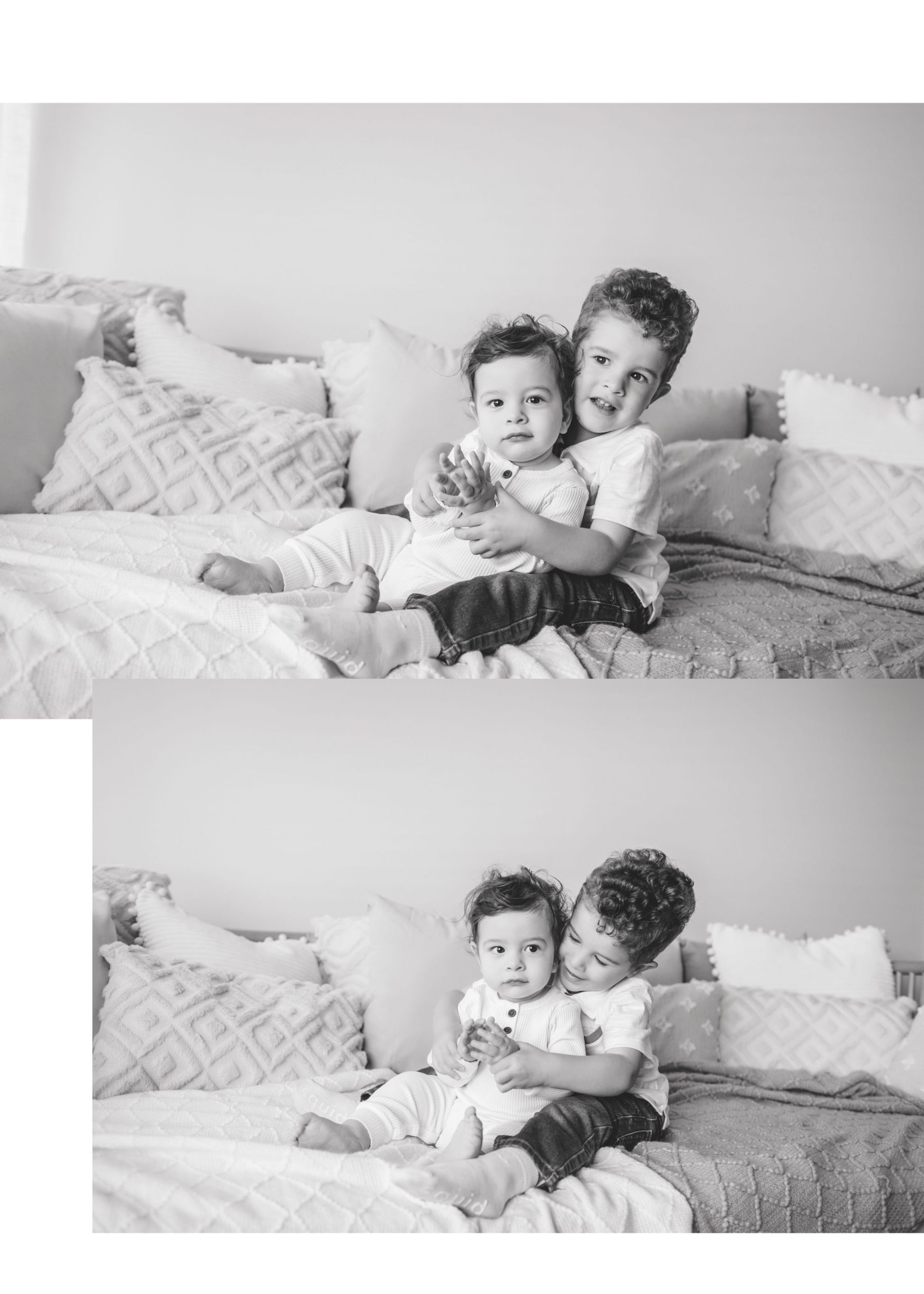 Black and white image of brothers sitting on a bed hugging during San Diego Photography Studio Milestone Pictures