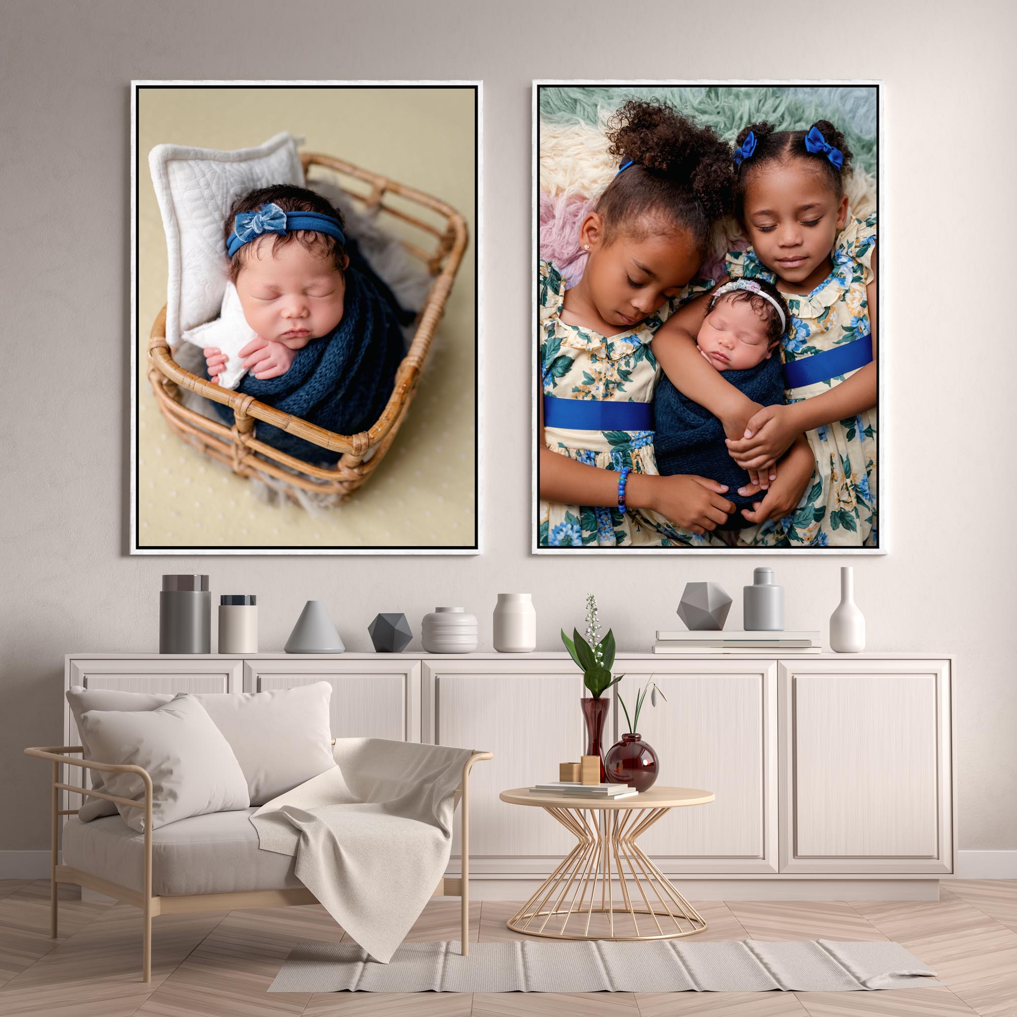 Living Room Mockup image with two large framed wall art of newborn pictures hanging above a side board