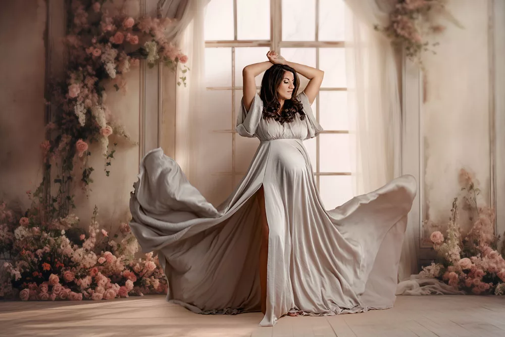 Image featuring a Beautiful Mii-Estio Maternity Gown for Maternity Pictures with San Diego Maternity Photographer
