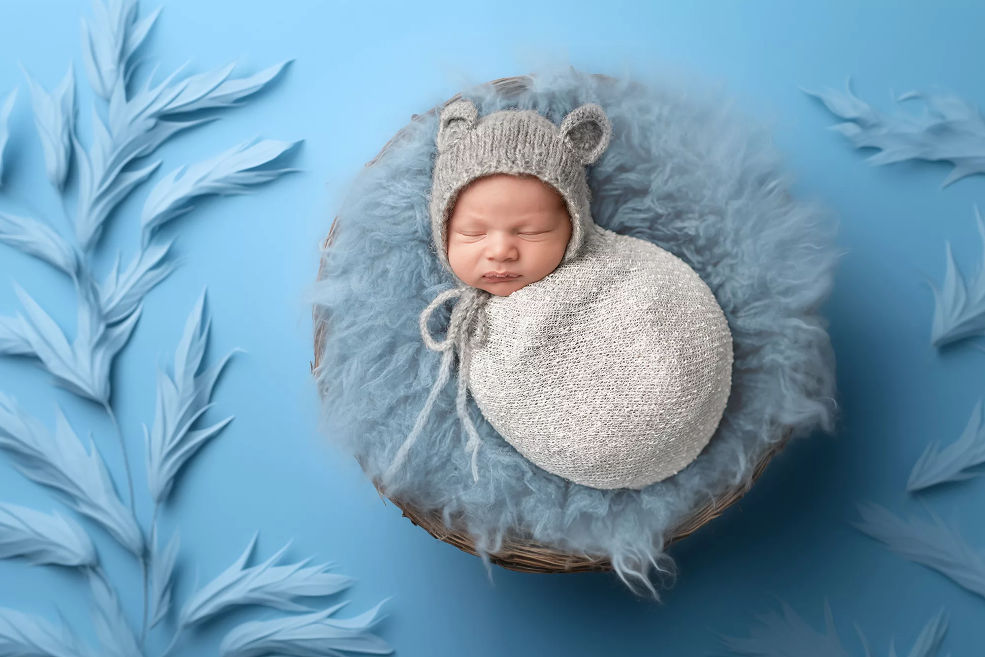 Wrapped Newborn Boy with a gray bear hat laying in a bowl of blue fur on a blue background with blue feathers
