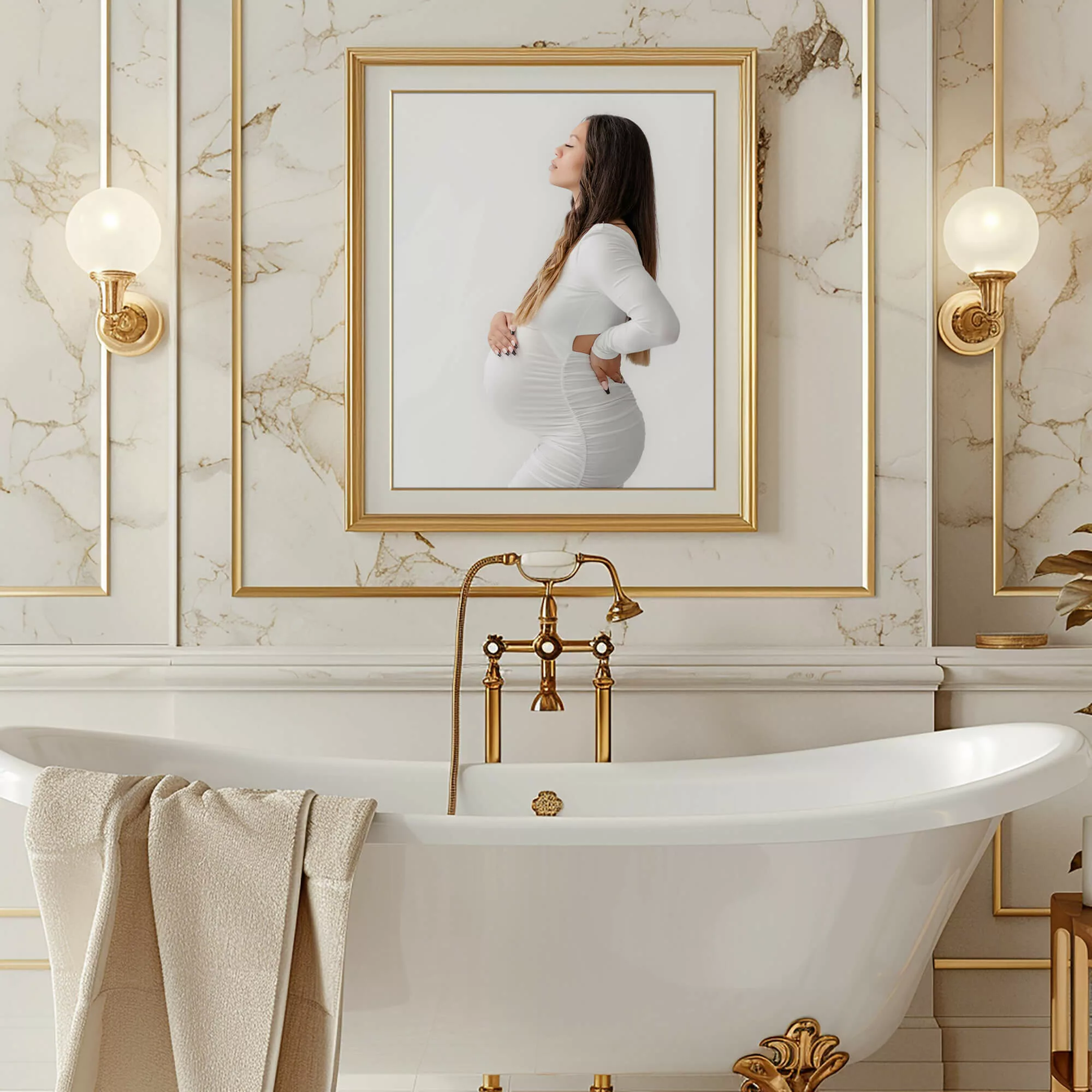 Luxurious bathroom with white and gold details featuring a gold frame with a maternity portrait hung above the bathtub