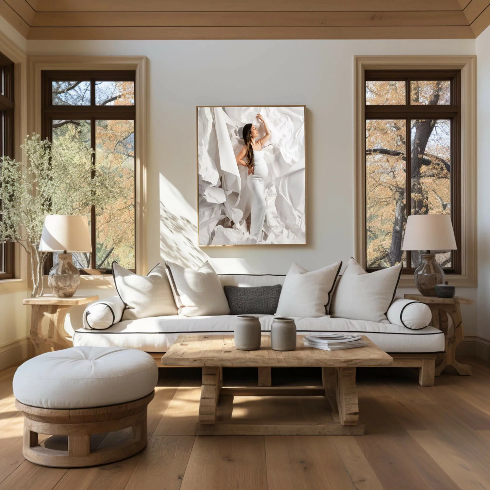 Modern and minimalistic living room setup with a large wall art portrait on the wall above the couch featuring a pregnant mom in a white dress against a textured white backdrop