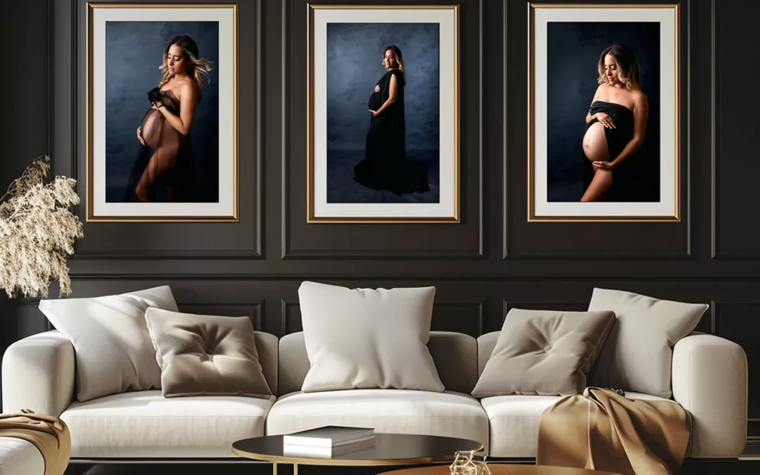 Luxurious living room setting featuring three framed maternity portraits, creating a cozy and inviting ambiance