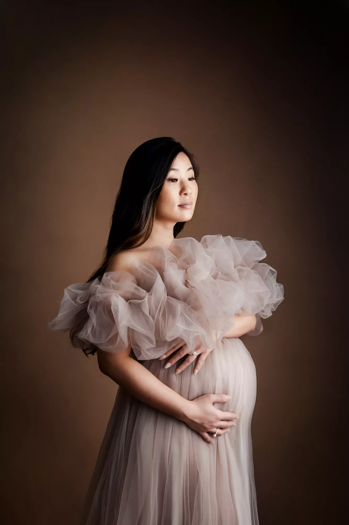 Fine art inspired maternity portrait of expectant mom wearing a blush pink tulle dress with a painterly brown background