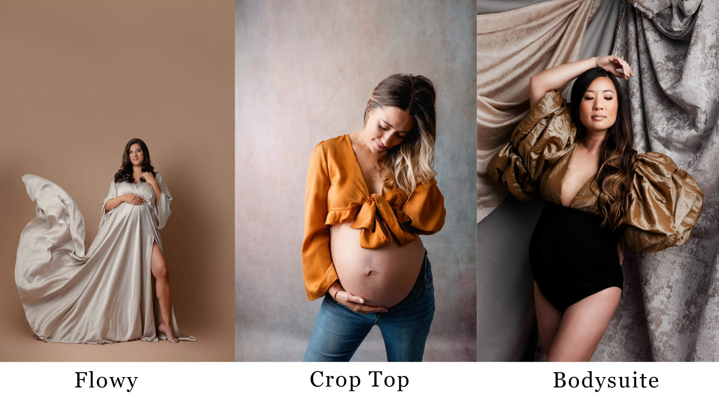 Showing three options for the perfect maternity photo outfit, flowy, crop top and bodysuite on three different pregnant women.