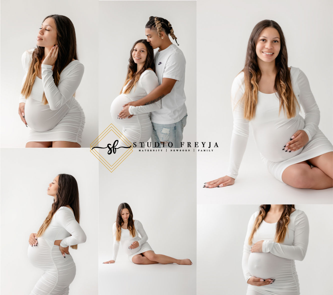 Collage of studio maternity photos of a woman in a fitted white dress, some with her partner