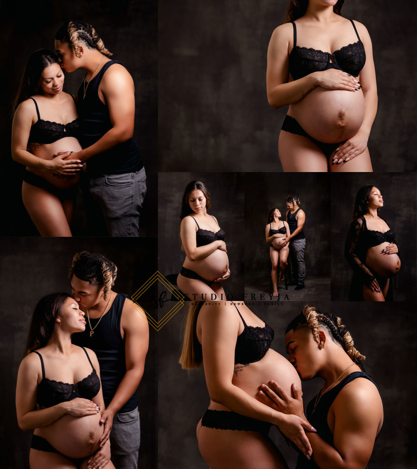 Collage of intimate studio maternity photos of a couple, she in black lingerie, against a dark backdrop