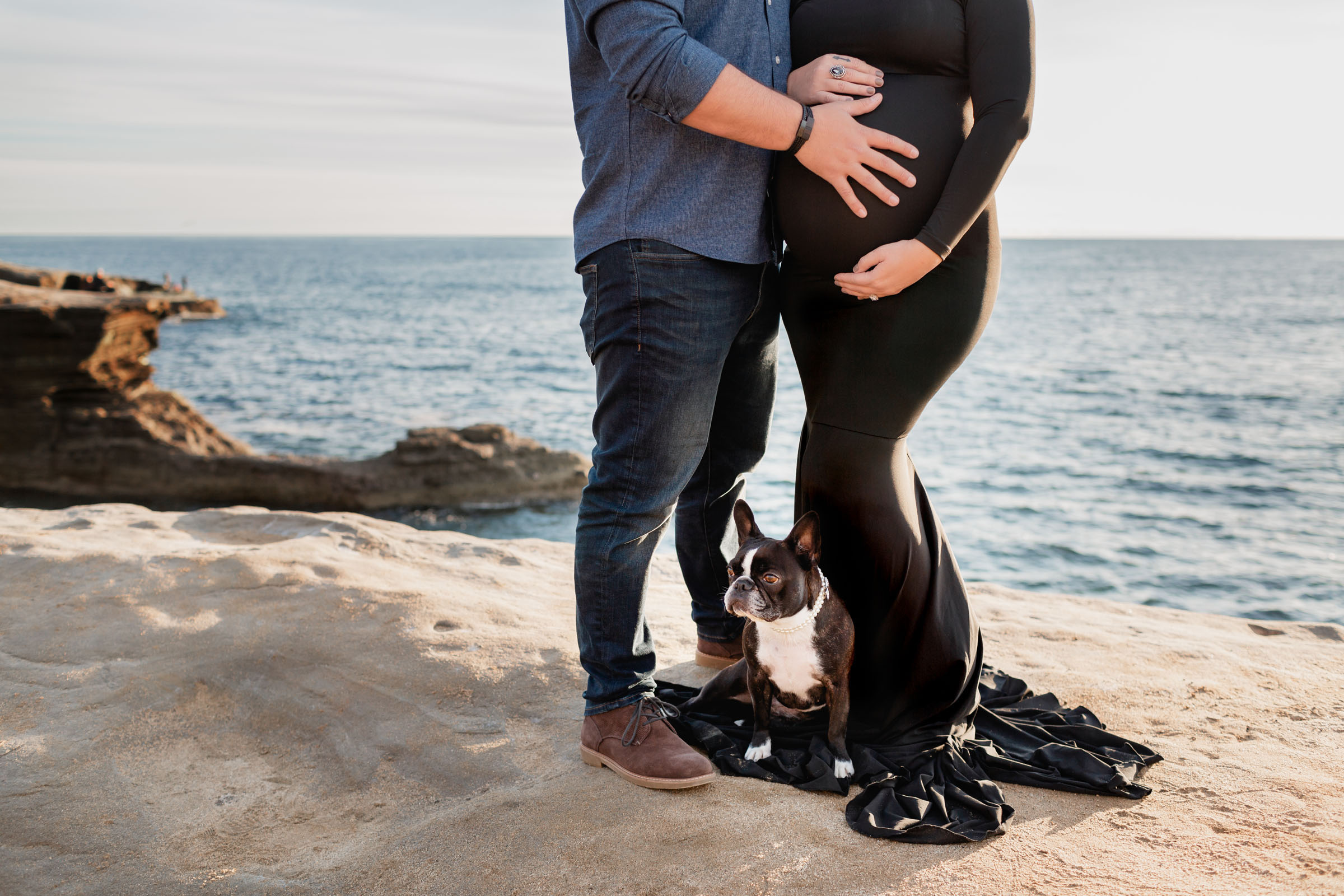 Close-up of an expectant couple on the cliffs with their French bulldog at her feet