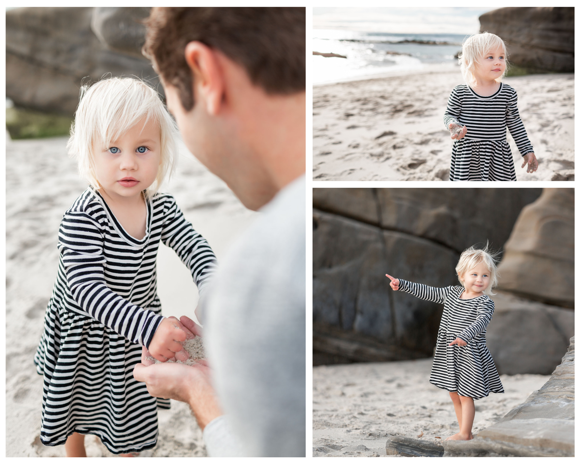 Collage of a little blonde girl in a striped dress exploring the beach and rocks with her dad