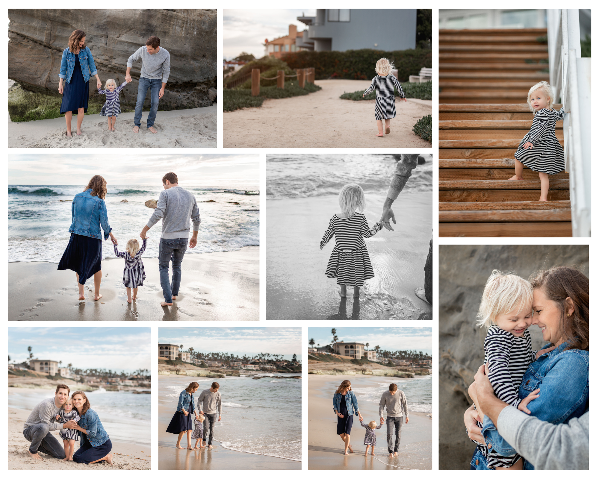 Collage of a family's beach photos at Windansea, the toddler daughter playing on the stairs and in the sand